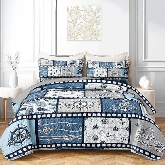 QOOMO Voyage Quilt Set King Size,Sailing Bedspread Coverlet Set,Ocean 3Pcs Bedding Set Printed Quilt with 2 Pillowcases,Soft and Lightweight,for All Seasons