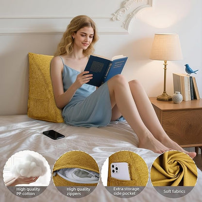 Wedge Headboard Reading Pillow for Bed Linen Triangular Backrest Bolster Pillow for Sitting Up Daybed Cushion Lumbar Body Support Positioning for Headboard, Couch, Dorm, Yellow