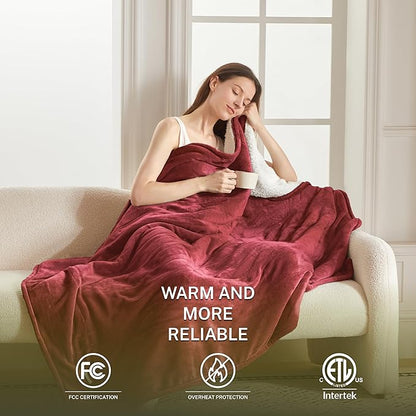 Heat Blanket 72”x84” Full Size,Soft Flannel & Sherpa Reversible Electric Blanket with 10 Heat Settings,12 Timer Setting and 8 Hours Auto-Shut Off,ETL Certified Machine Washable,Red