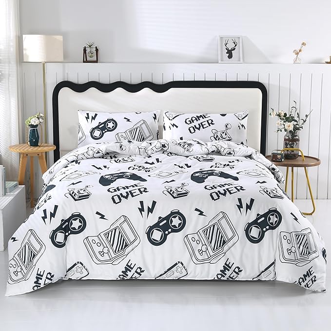SDIII 3PCS White Gaming Comforter Set Full, Soft Microfiber Lightweight Game Comforter Sets for Boys Girls Kids Teens, Video Gamer Bedding Set Full