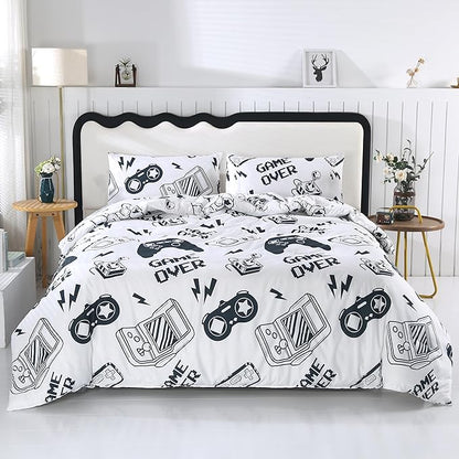 SDIII 3PCS White Gaming Comforter Set Full, Soft Microfiber Lightweight Game Comforter Sets for Boys Girls Kids Teens, Video Gamer Bedding Set Full