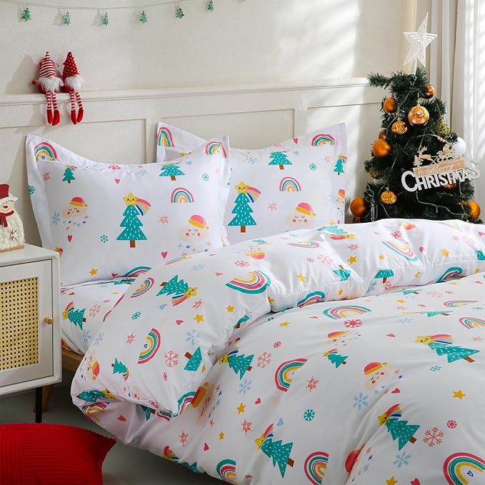 JSD Christmas Kids Duvet Cover Set Queen Size, 3 Piece Rainbow Tree Printed Microfiber Comforter Cover with Pillow Shams Zipper Closure, Comforter Not Included