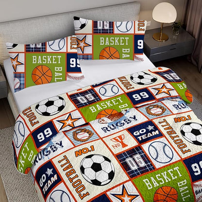 QOOMO Sports Quilt Set King Size,Basketball Bedspread Coverlet Set,Football 3Pcs Bedding Set Printed Quilt with 2 Pillowcases,Soft and Lightweight,for All Seasons