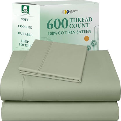 California Design Den Natural 100% Cotton Bed Sheets Twin Size Set - Luxury 600 Thread Count Sateen, Fully Elasticized Deep Pocket Sheet Set, Cool and Durable Hotel Quality Bedding - Laurel Green