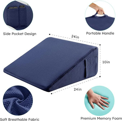 Bedluxe Wedge Pillow, 10 inch Bed Wedge Pillow for Headboard, Pillow Wedge for Acid Reflux Relief, Sleeping, After Surgery, Snoring, Gerd, Triangle Pillow Wedge - Cooling Memory Foam Top, Navy