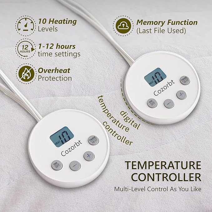 Heated Quilted Wave Mattress Pad,Queen Size Dual Control,Soft Bed Warmer,10 Heat Settings,1-12 Hours Auto-Off,Fast Heating,ETL Certified,Machine Washable,Fit Up to 18" Deep Pocket,60"x80"
