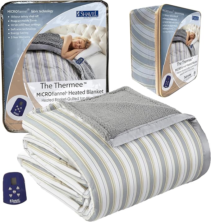 Thermee Micro Flannel Heated Blanket with Sherpa Back, 10-Setting Electric Blanket - Twin Size, Programmable Heating Throw - City Stripe