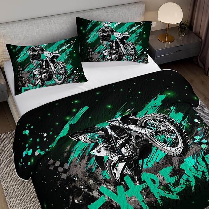 Motocross Dirt Bike Quilts Bedding King 3Pcs Motorcycle Racer Pattern Quilt Bed Set Extreme Sport Lightweight Soft Bedspreads Coverlet with 2 Pillowcases for Kid Boy Girl Teen Adult Room Decor