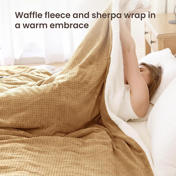 Heated Blanket Electric Blanket King Waffle, 90x100 Inches Dual Controllers Sherpa Fleece Fast Heating Blanket 6 Heating Levels & 10 Hours Auto Off ETL Certification, Caramel King