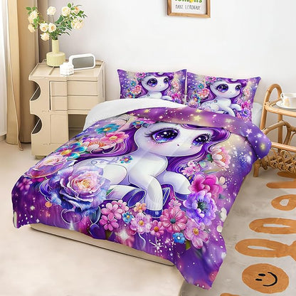 Girls Purple Cartoon Unicorn Comforter Set for Kids Girls Toddlers, Pink Flower Comforter Set Full Size, 3Pcs Cartoon Kawaii Unicorn Quilte Set Room Decorative
