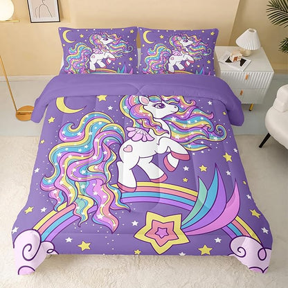 QOOMO Unicorn Comforter King Size,Rainbow Unicorn Comforter Set for Kids Teens Girls,3Pcs Bedding Set Printed Comforter with 2 Pillowcases,Down Alternative,Soft and Lightweight，King Size