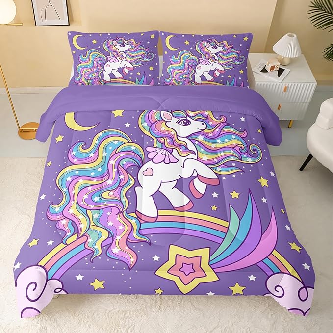 QOOMO Unicorn Comforter Full Size,Rainbow Unicorn Comforter Set for Kids Teens Girls,3Pcs Bedding Set Printed Comforter with 2 Pillowcases,Down Alternative,Soft and Lightweight，Full Size