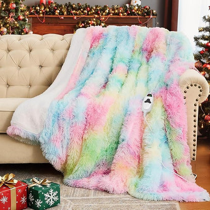 Heated Electric Blanket Throw,Warm Winter Birthday Gifts for Women Her Grandma-Faux Fur with Soft Sherpa,10 Heat Settings,5 Time Settings with Fast Heating, 50x60, Rainbow