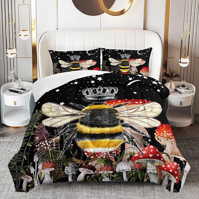Black Bee Comforter Set Queen Size, 3Pcs Animal and Mushroom Moom Stars Bedding Set for Kids Adults with 2 Pillowcases for Bedroom All Season