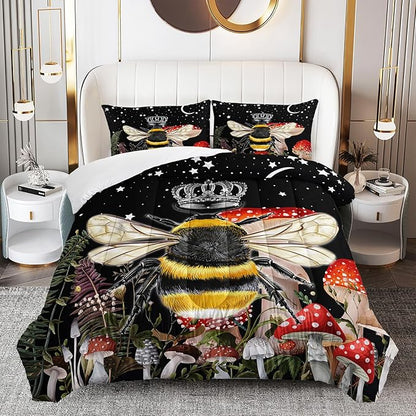 Black Bee Comforter Set Queen Size, 3Pcs Animal and Mushroom Moom Stars Bedding Set for Kids Adults with 2 Pillowcases for Bedroom All Season