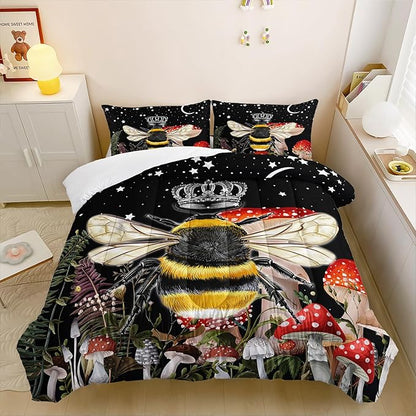 Black Bee Comforter Set Twin Size, 3Pcs Animal and Mushroom Moom Stars Bedding Set for Kids Adults with 2 Pillowcases for Bedroom All Season