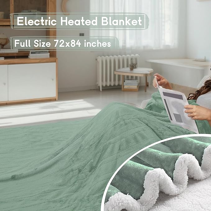 Heated Blanket Electric Blanket Full Size 72''x84'', Soft Flannel Heating Blanket with 1-10 Hour Auto Off - 6 Heat Settings - Machine Washable - Light Green