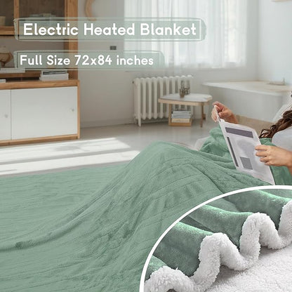 Heated Blanket Electric Blanket Full Size 72''x84'', Soft Flannel Heating Blanket with 1-10 Hour Auto Off - 6 Heat Settings - Machine Washable - Light Green