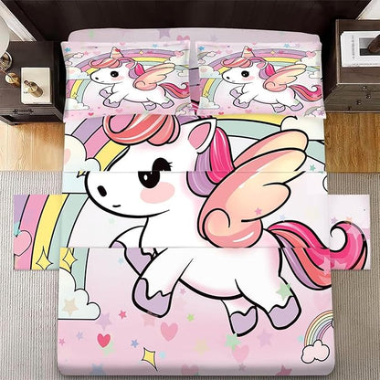 Pink Unicorn Sheet Set: Rainbow Unicorn Bedding Twin Size for Kids Girls Teens Bedroom Bed - 1 Flat Sheet, 1 Fitted Sheet, 1 Pillowcase