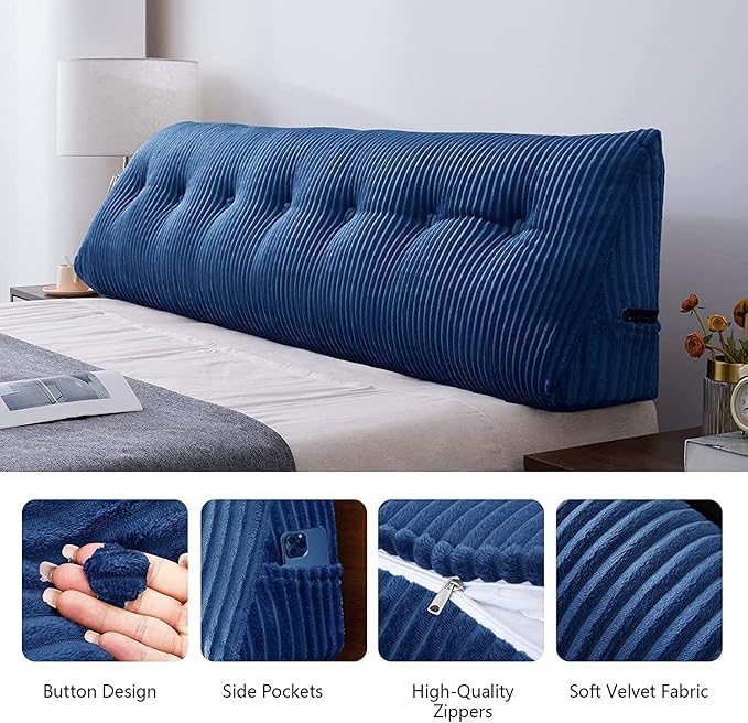 SLIGUY Large Headboard Pillow, Headboard Wedge Pillow Bed Rest Reading Pillow Bolster Triangular for Sitting in Bed-Backrest Positioning Support Long Pillow for Daybed (Twin: 40x8x20 Inches,Blue)