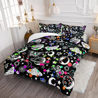 Cartoon Cosmic Planets Comforter Set for Kids, Butterfly and Moth Bedding Set with Colorful Spot Design, Star Pattern Black Comforter Bedroom Decoration Twin Size