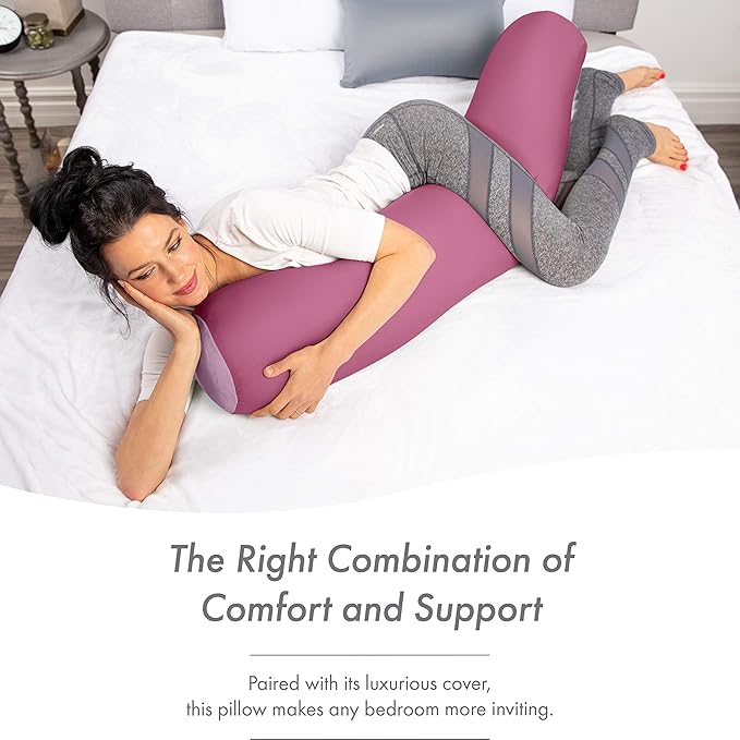 Straight Body Pillow, Full Size Premium Microbead,Side Sleeping/Maternity Pregnant Women, Supportive,Fluffy, Breathable, Cooling, 85/15 Spandex/Nylon Silky Anti-Aging - 48 X 8 - Burgundy - Merlot