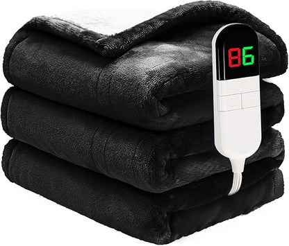 Heated Throw Blanket 50"×60" - Premium Cosy Soft Electric Blanket with 6 Heating Levels,Fast Heating Flannel Sherpa Blanket for Bed & Couch - Auto Shut Off/Machine Washable (Black)