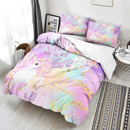 CVHOUSE Rainbow Unicorn Bedding Set for Girls - Queen Size, Soft Comforter Cover Set with 1 Duvet Cover, 2 Pillowcases, Girls Room Decor