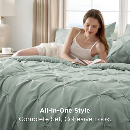 Bedsure Oversized Queen Comforter Set Sage Green - Bed in a Bag Bedding Set 7 Pieces, GentleSoft™ Pintuck Bed Set Gift for Family, Pinch Pleat All Season Comforter with Sheets, Pillowcases & Shams