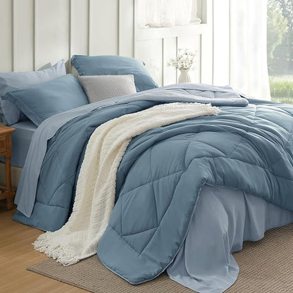 Bedsure Full Comforter Set - 7 Pieces Reversible Grayish Blue Bedding, Full Size Bed Set for All Seasons, Bed in a Bag with Down Alternative Comforter, Sheets, Pillowcases & Shams