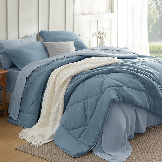 Bedsure Twin Grayish Blue Comforter Set - 5 Pieces Reversible Bedding, Twin Size Bed Set for All Seasons, Bed in a Bag with Down Alternative Comforter, Sheets, Pillowcase & Sham