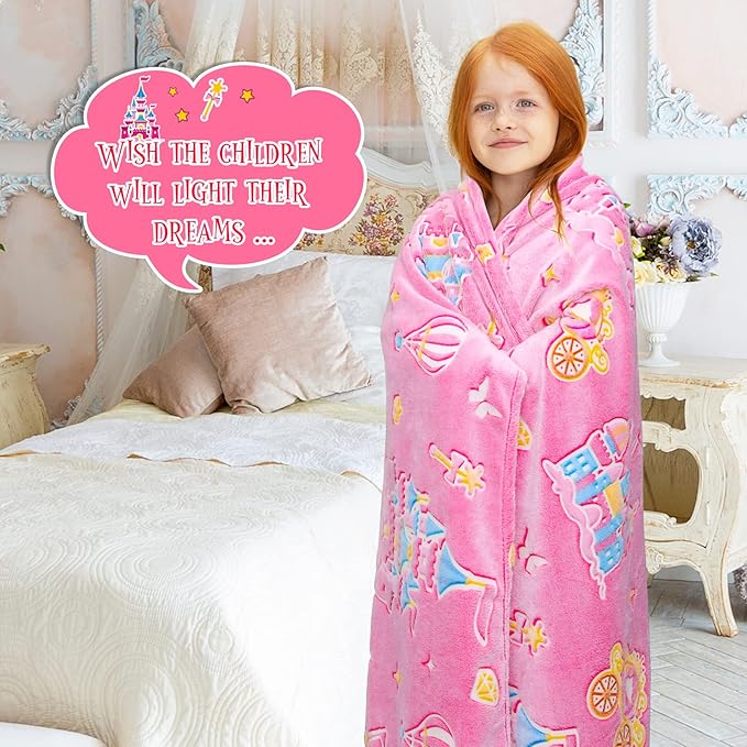 BORORO Princess Blanket for Girls - Princess Gifts Glow in The Dark Pink Blanket Castle Toys Birthday Gifts for Toddler Kids Girls Women