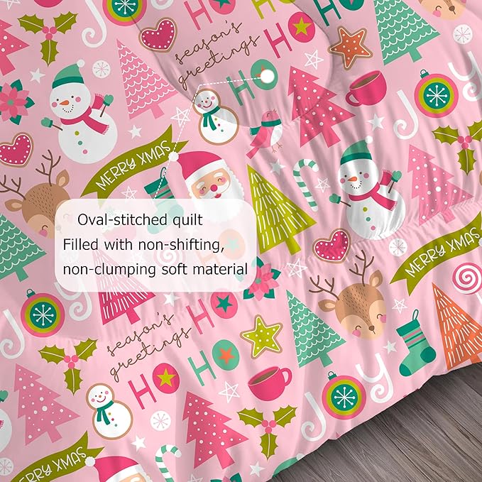 Pink Christmas Comforter Queen: Merry Xmas Santa Claus Bedding Set Queen Size for Teen Girls Women Adults Kids Christmas Tree Snowman Elk Quilt Bed Set 1 Comforter & 2 Pillowcases
