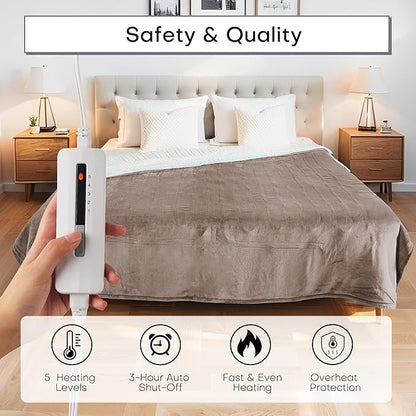 50"x60" Heated Electric Blanket Throw Thickened Flannel and Sherpa Heated Blanket,3 Hours Timer Auto-Off & 5 Heating Levels,for Bedroom Office Couch-Camel