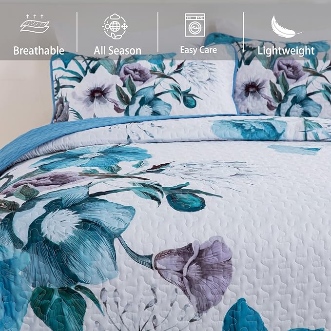 Floral Quilt Set King 3 Pieces Boho Blue Floral Quilt Coverlet Set Soft Microfiber Lightweight Blue Quilted Bedspread for All Season 104"x90"