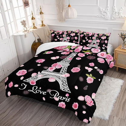 Eiffel Tower Comforter Set Full Size Girls Pink Rose Paris Bedding Set Romantic Theme Decor Adult Women Couple Quilted Bed Set with 1 Comforter and 2 Pillowcases
