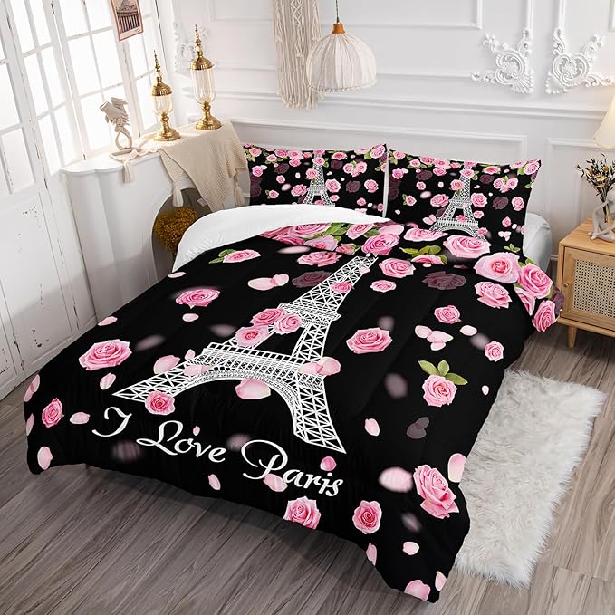 Eiffel Tower Comforter Set Twin Size Girls Pink Rose Paris Bedding Set Romantic Theme Decor Adult Women Couple Quilted Bed Set with 1 Comforter and 2 Pillowcases