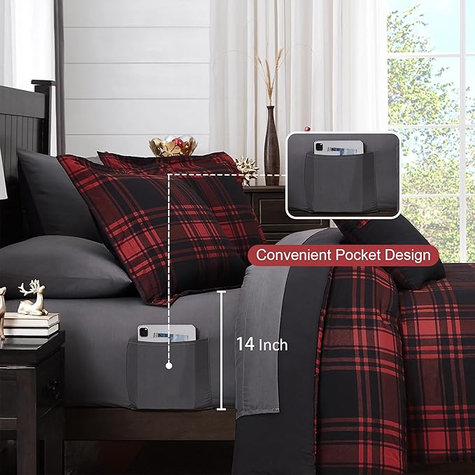 MaiRêve King Comforter Set, Classic Red Black Plaid Bedding Set 7 Pieces, Farmhouse Lightweight All Season Bed in a Bag with Sheets, Pillowcases & Shams