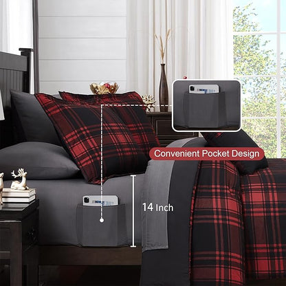 MaiRêve King Comforter Set, Classic Red Black Plaid Bedding Set 7 Pieces, Farmhouse Lightweight All Season Bed in a Bag with Sheets, Pillowcases & Shams