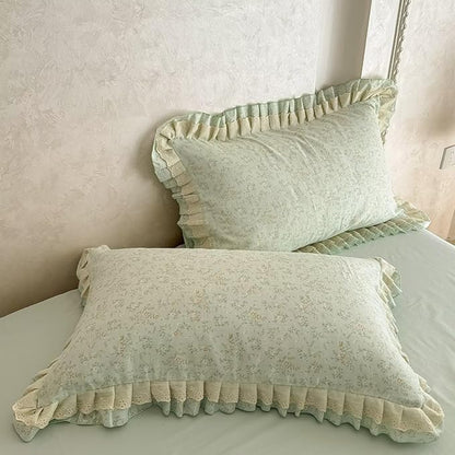 BuLuTu Ruffled Lace Duvet Cover Set Twin, Romantic Green Floral Bedding Set 100% Muslin Cotton Coquette Aesthetic Flower Comforter Cover Shabby Chic Cute Duvet Cover with Zipper Closure