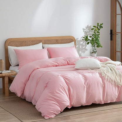 Jane yre Pink Duvet Cover Twin 100% Washed Microfiber 3 Pieces Pink Bedding Twin, 1 Duvet Cover +2 Pillowcases with Zipper Closure, Soft Natural Slight Wrinkled Comfy