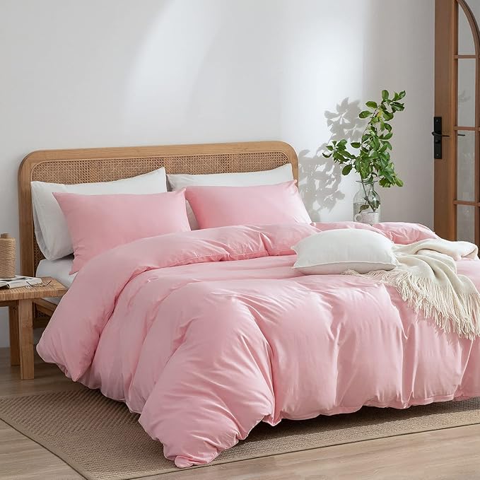 Pink Duvet Cover Queen, 100% Washed Microfiber 3-Piece Solid Color Casual Bedding Set for Men & Women, with Zipper Closure, Luxury Ultra Soft Comfort (Queen)