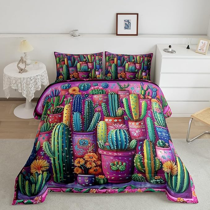 3D Cactus Comforter Set Queen Size Western Bohemia Rustic Bedding Set Bedroom Decor Tropical Nature Botancial Quilt Set for Kids Boys Girls Exotic Tribal Style Duvet Insert 3Pcs