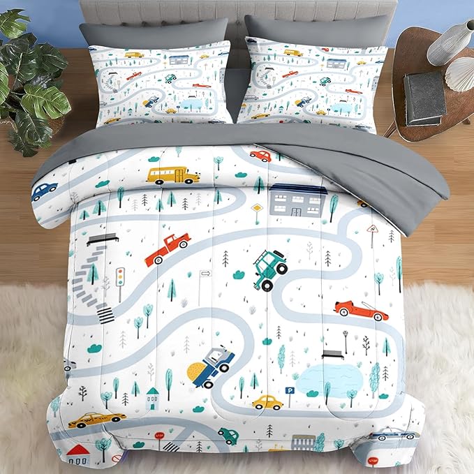 Comforter Set Full Size, Cute Car City 7 Pcs Bedding for Kids and Adults, Cartoon Tree Truck Bed Sheet Sets with Fitted Sheet 2 Pillowcases & 2 Shams for Bedroom Bed Decor