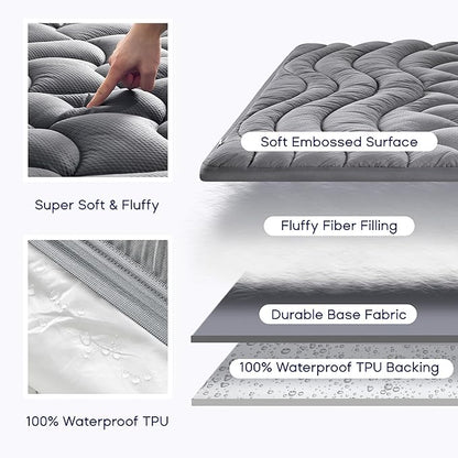 SLEEP ZONE Waterproof Mattress Pad Queen Size Deep Pockets, Extra Thick Fitted Cover for Back Pain, 60 x 80 Inches (Grey, Queen)