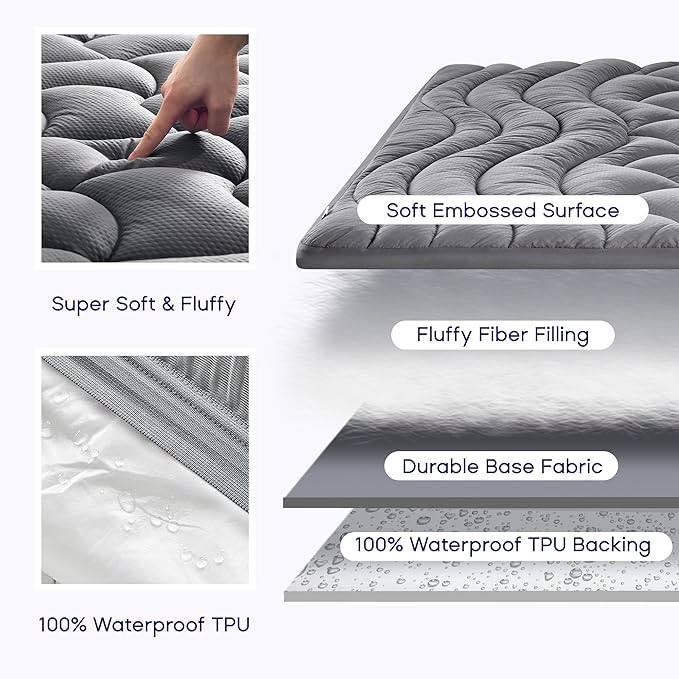SLEEP ZONE Cooling King Mattress Pad for Back Pain Relief, Extra Thick and Waterproof Pillow Top Bed Cover, 78 x 80 Inches (Grey, King)