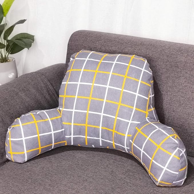 Bohemian Printed Reading Pillow with Support Arms Soft Bed Rest Pillows Back Support Cushion for Kids Reading Watching TV Sitting Up in Bed (23"×16"×10",Grey Plaid)