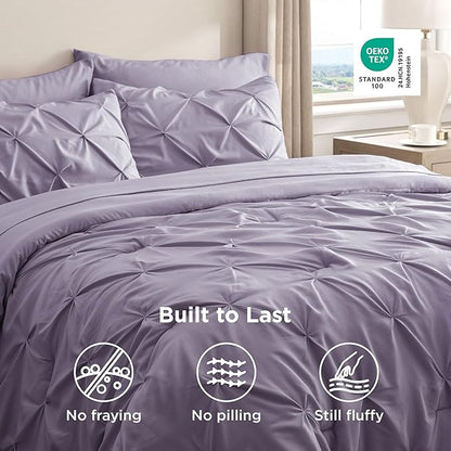 Bedsure King Size Comforter Set Grayish Purple - Bed in a Bag Bedding Set 7 Pieces, GentleSoft™ Pintuck Bed Set Gift for Family, Pinch Pleat Grayish Purple Comforter with Sheets, Pillowcases & Shams