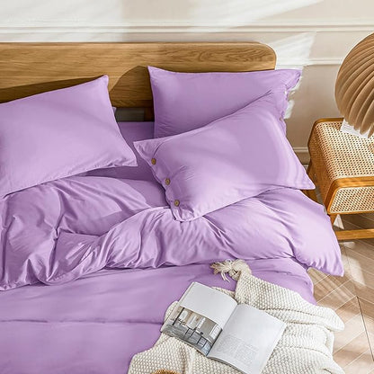 JELLYMONI Cotton Duvet Cover Queen Size - Light Purple Comforter Cover with Button 100% Washed Cotton 3PCS Breathable Soft Solid Bedding Set Duvet Cover 90×90in & 2 Pillowcases (NO Comforter)