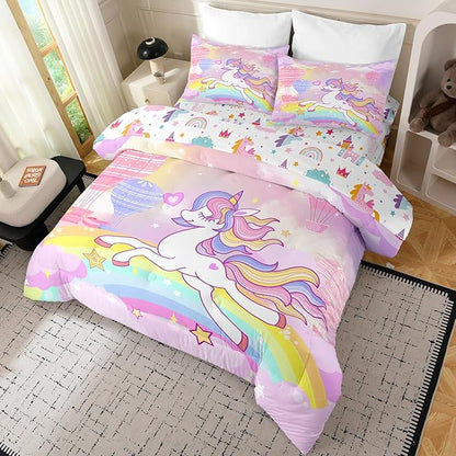 Bodhi Unicorn Comforter Twin for Girls,Kids Twin Bedding Sets for Girls with RainbowCastle Love Hearts and Stars,Unicorn Bedding Sets 5 Pieces